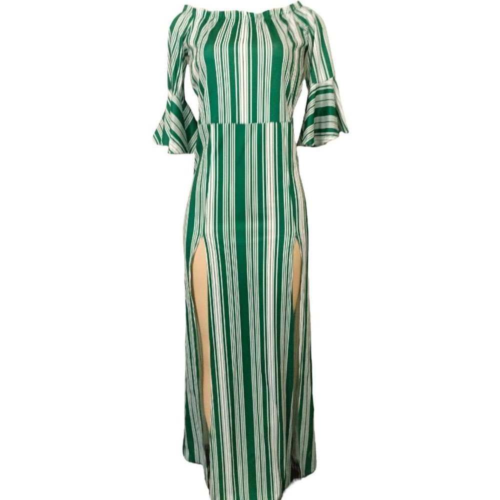 PL51458 Off The Shoulder Flare Sleeve Striped Maxi Dress - Picture 6 of 9